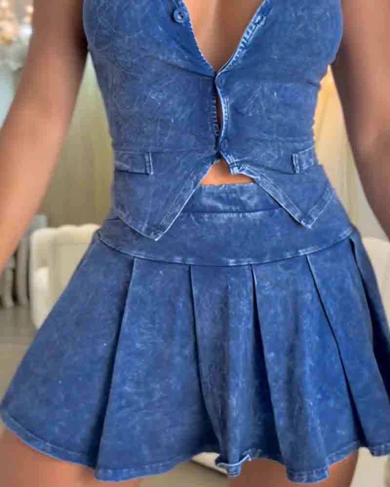 Cali - Washed Faux Denim Mini Skirt Set