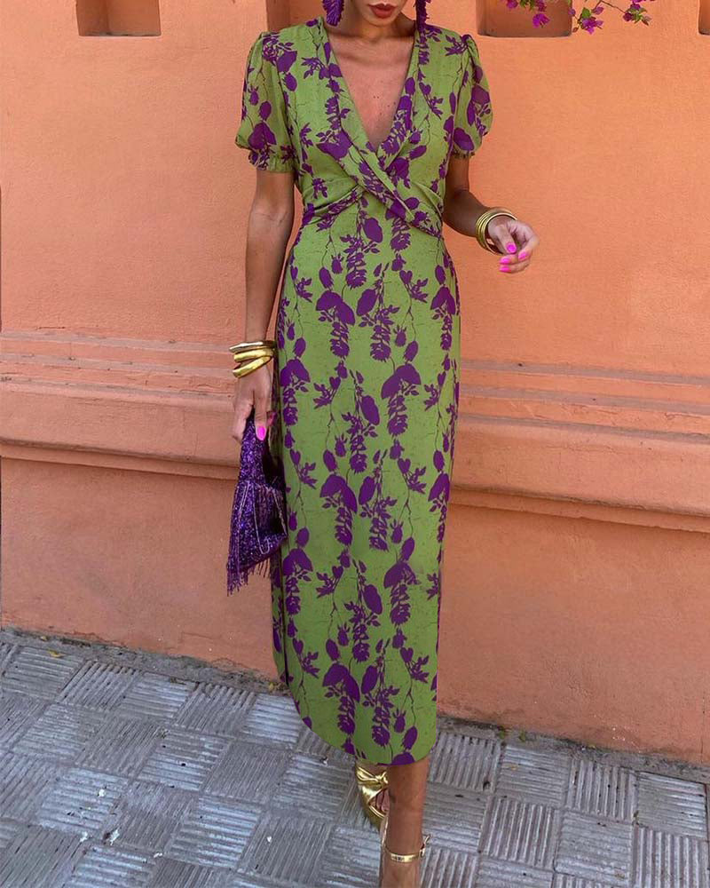 Deva - Long floral print dress with V-neck