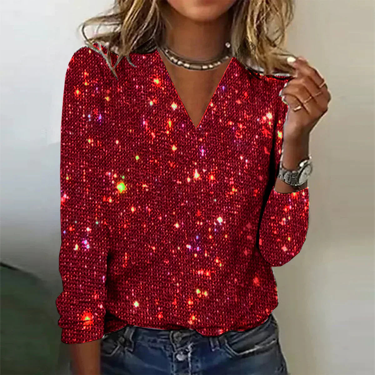 Saga™ - Sparkling Printed V-Neck Long Sleeve Top for Women