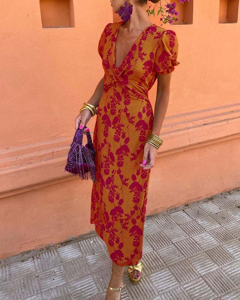 Deva - Long floral print dress with V-neck