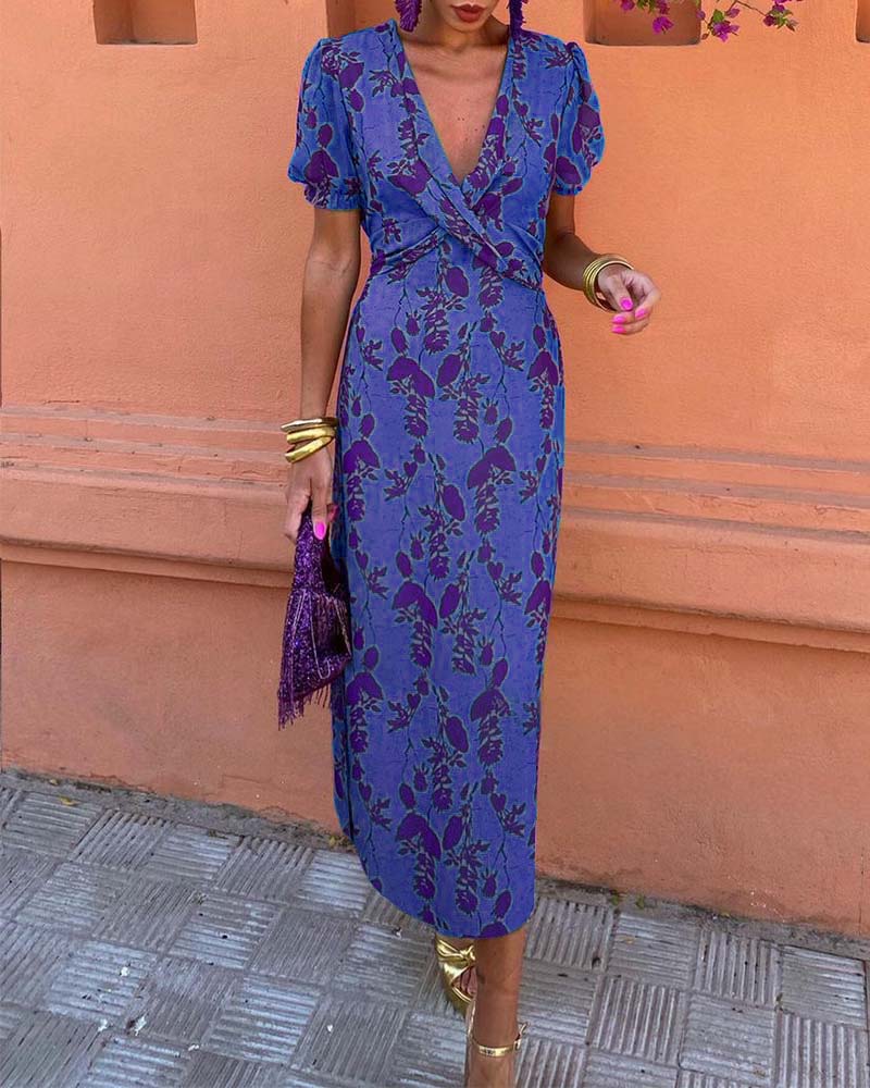 Deva - Long floral print dress with V-neck