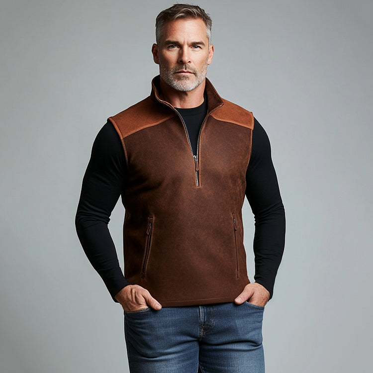 Carter - Men's Suede Stand Collar Half Zipper Pocket Vest