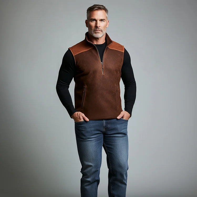 Carter - Men's Suede Stand Collar Half Zipper Pocket Vest