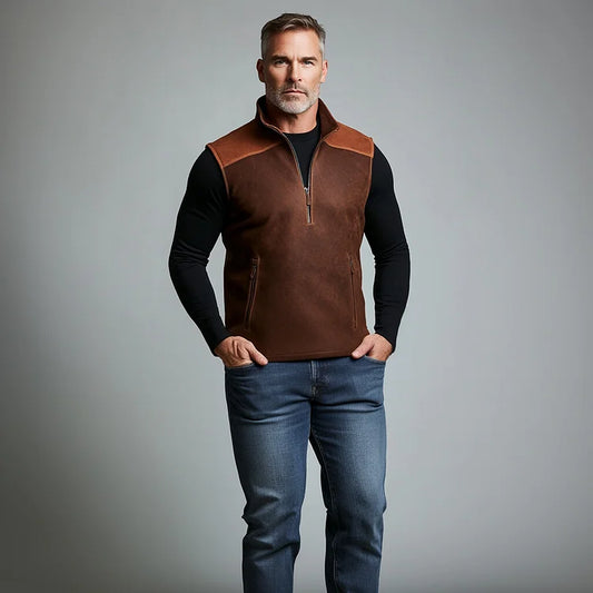 Carter - Men's Suede Stand Collar Half Zipper Pocket Vest