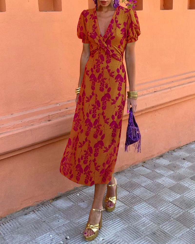 Deva - Long floral print dress with V-neck