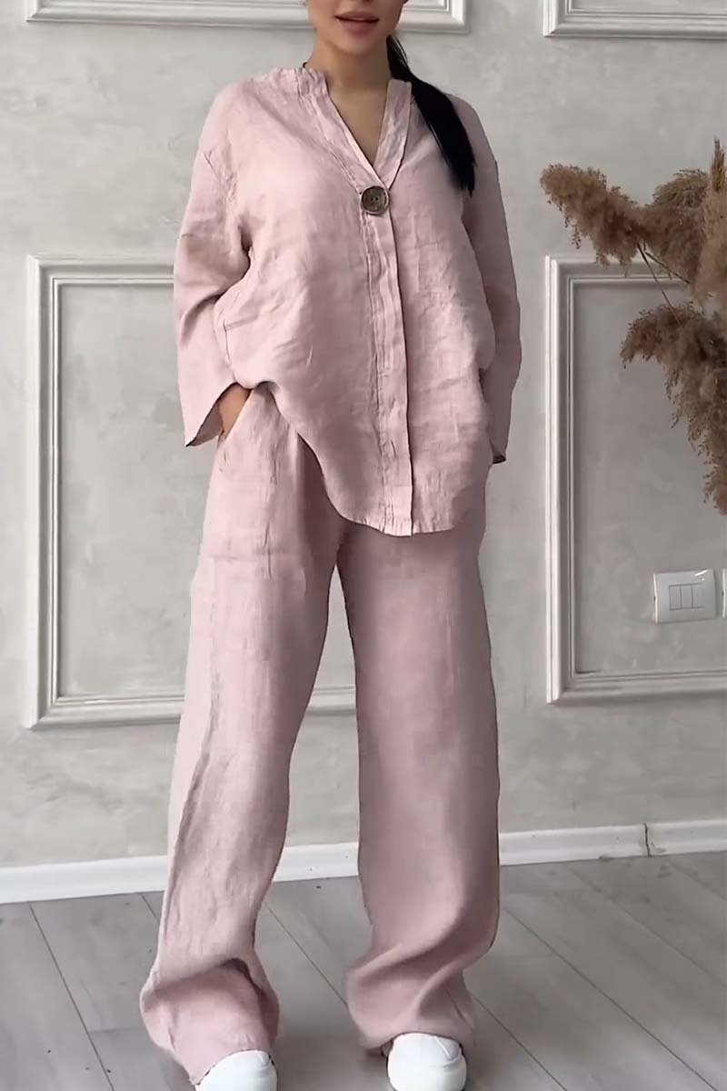 Aina - Casual button decorated cotton and linen two-piece set