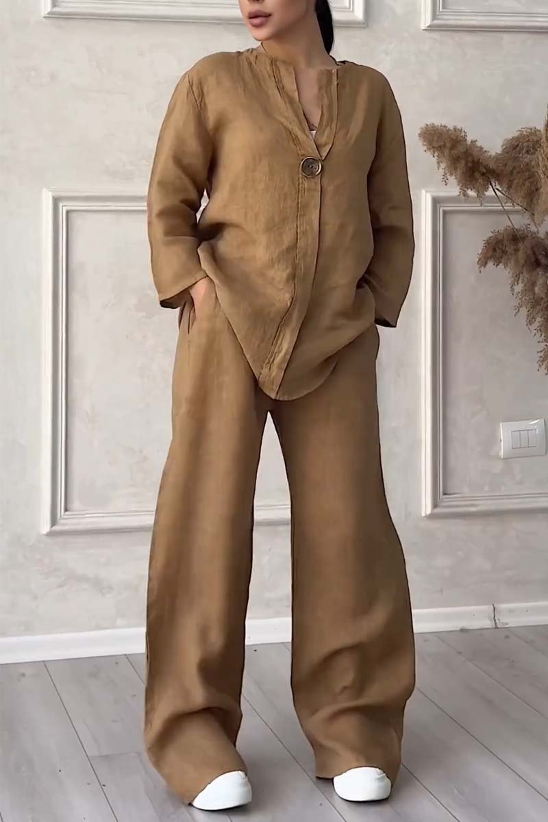 Aina - Casual button decorated cotton and linen two-piece set