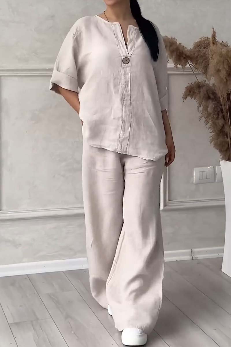 Aina - Casual button decorated cotton and linen two-piece set