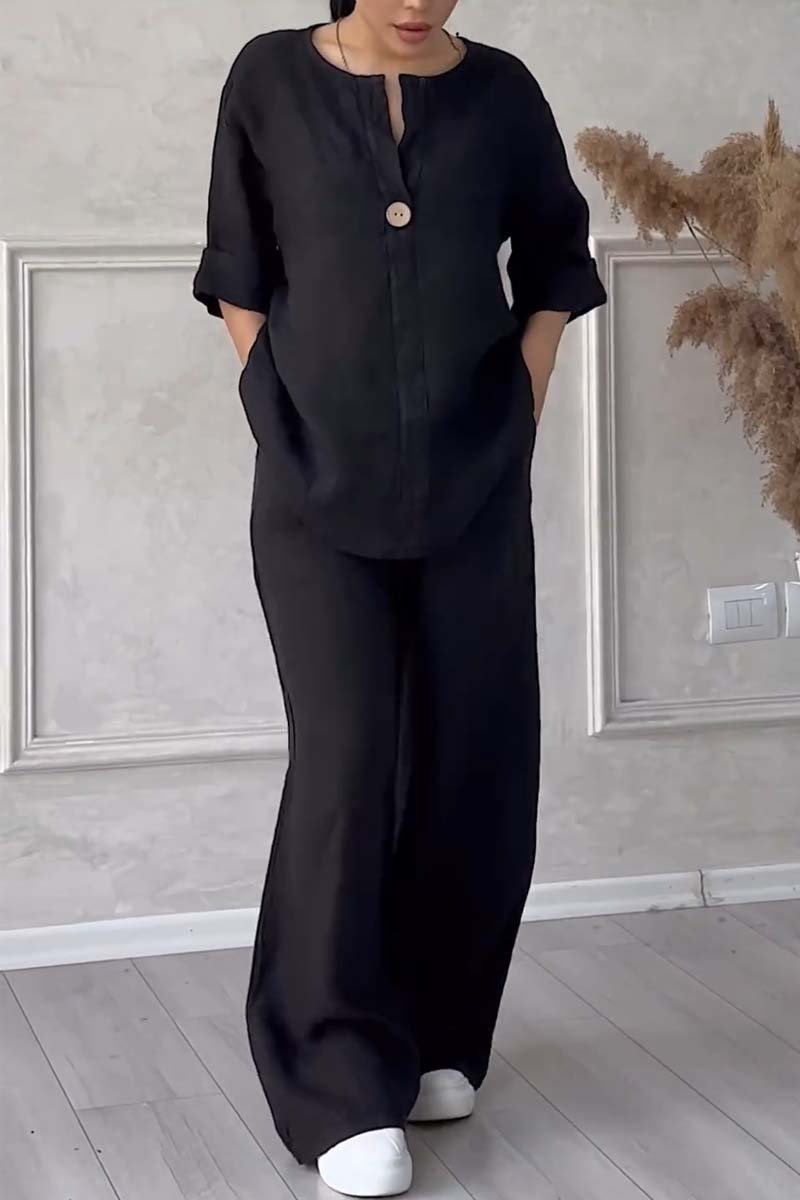 Aina - Casual button decorated cotton and linen two-piece set